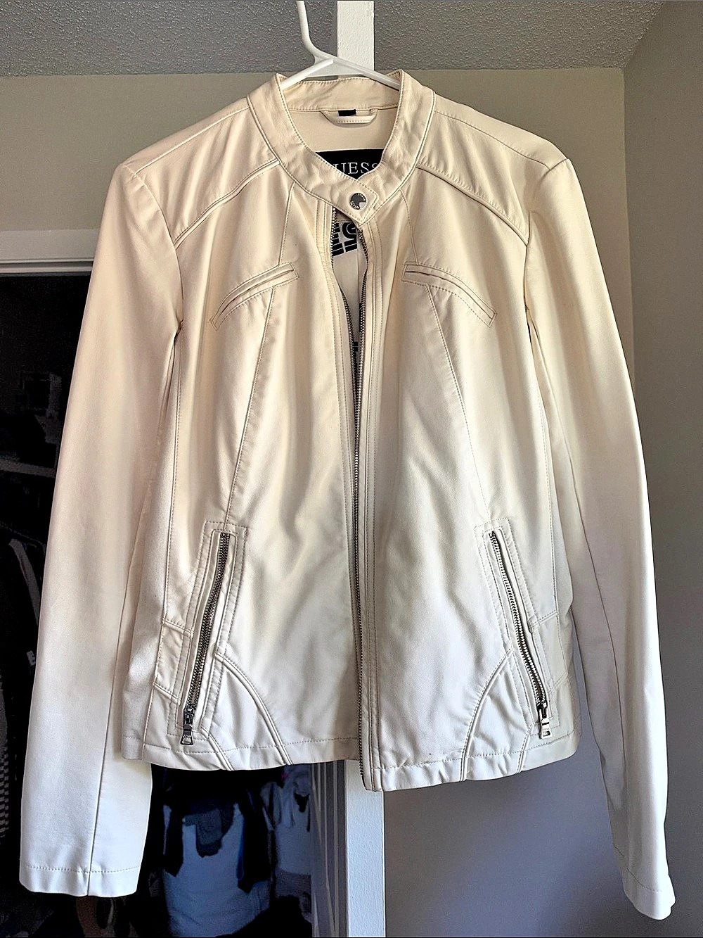 GUESS Women's Faux-Leather Moto Jacket with Snap Collar White